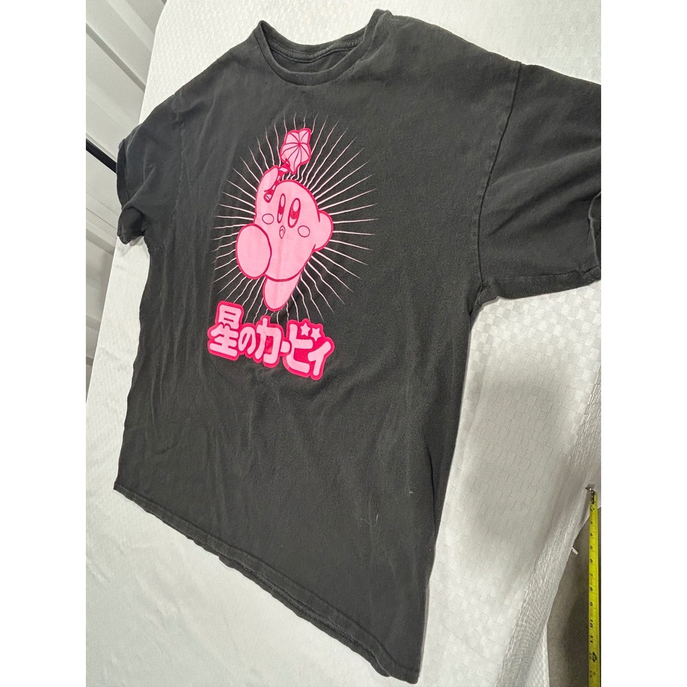 Kirby Nintendo Graphic T-Shirt Mens XL Black Pink Japanese Text Umbrella Tee